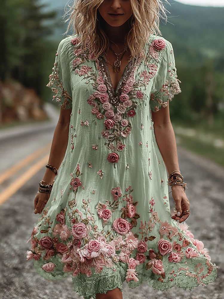 Vintage Floral Embroidered Short Sleeve Dress 🌸👗✨