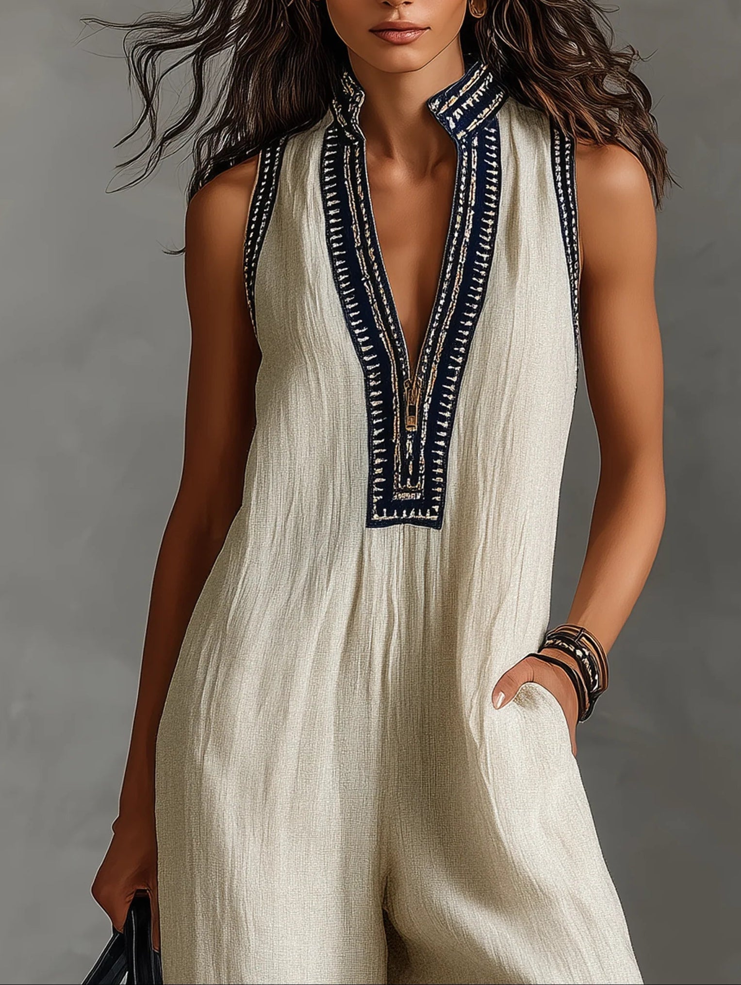 Minimalist sleeveless monofiber with a high neck and zipper