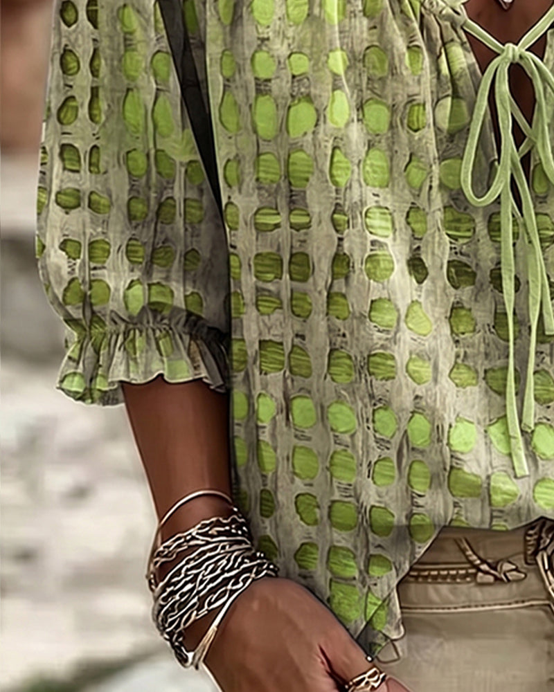 Polka Dot Lace-Up Blouse