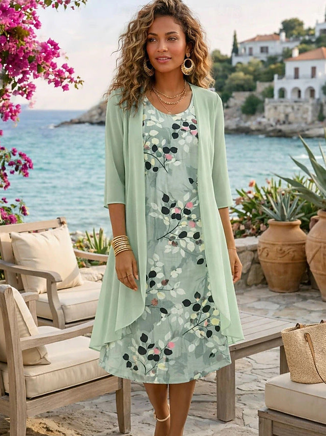 Elegant Women's 2-Piece Set – Chiffon Dress & Cardigan ✨👗🧥