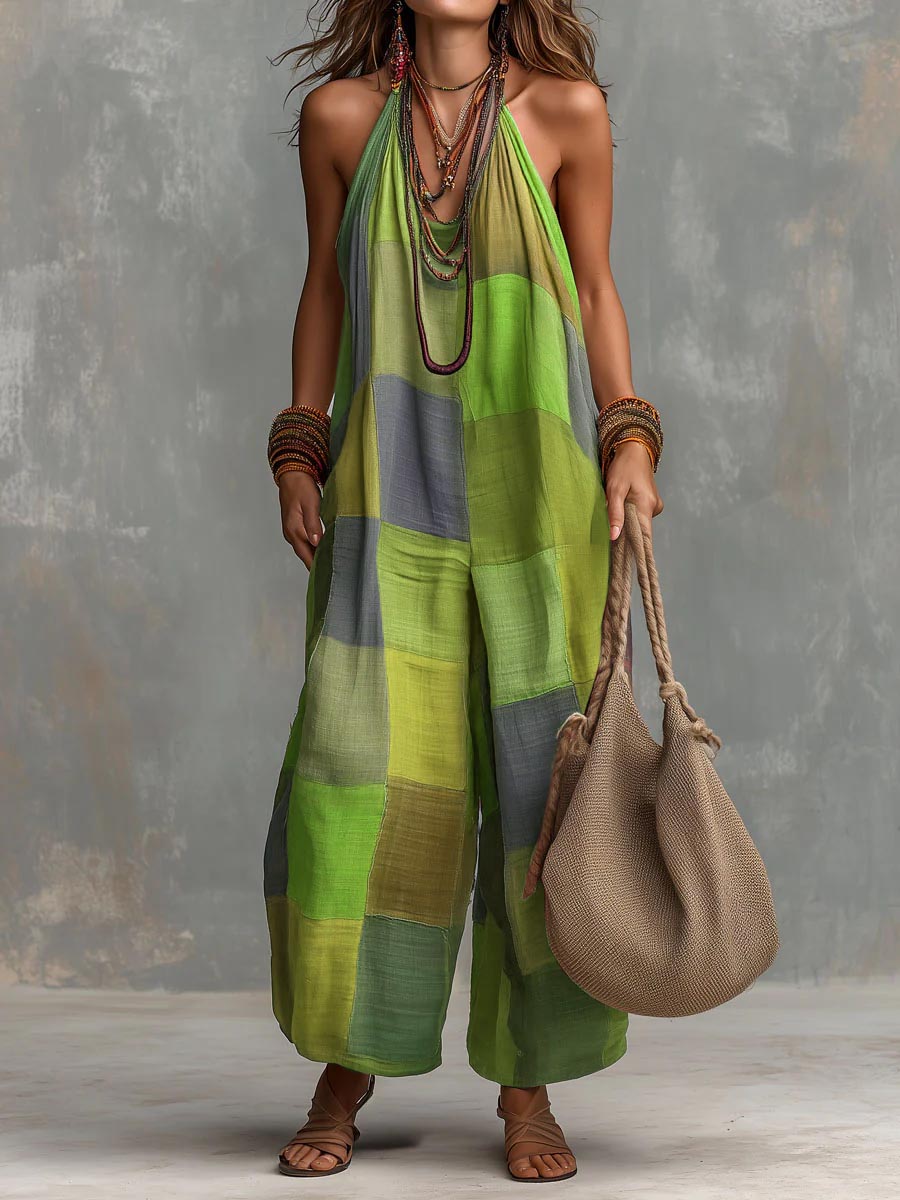 Women's Plaid V-Neck Loose Cotton Linen Wide-Leg Jumpsuit 👗✨