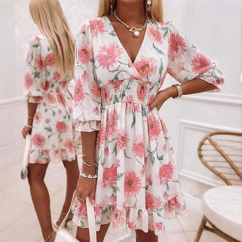 "Elegant Women's A-Line V-Neck Floral Ruffle Hem Dress" 💕🌿✨