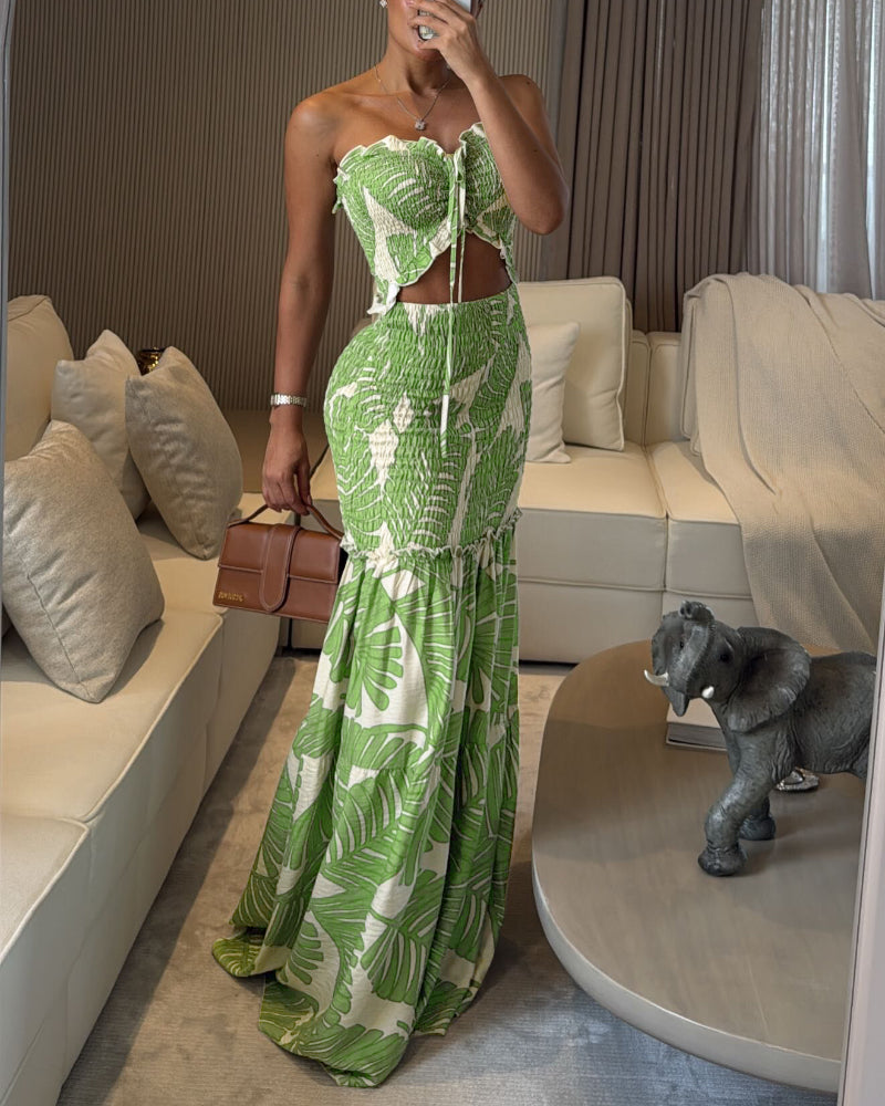 Tropical Print Halter Dress with Shirred Waist, Frill Trim & Ruffle Mermaid Hem