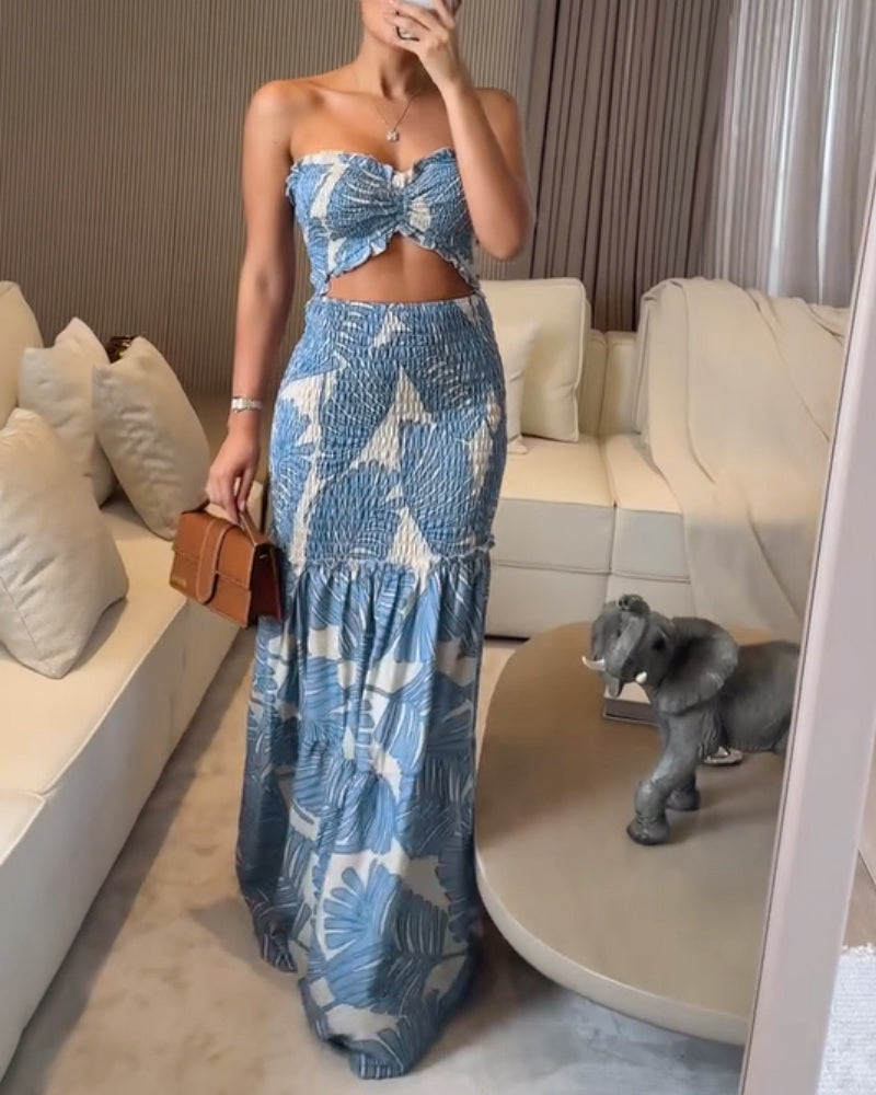 Tropical Print Halter Dress with Shirred Waist, Frill Trim & Ruffle Mermaid Hem