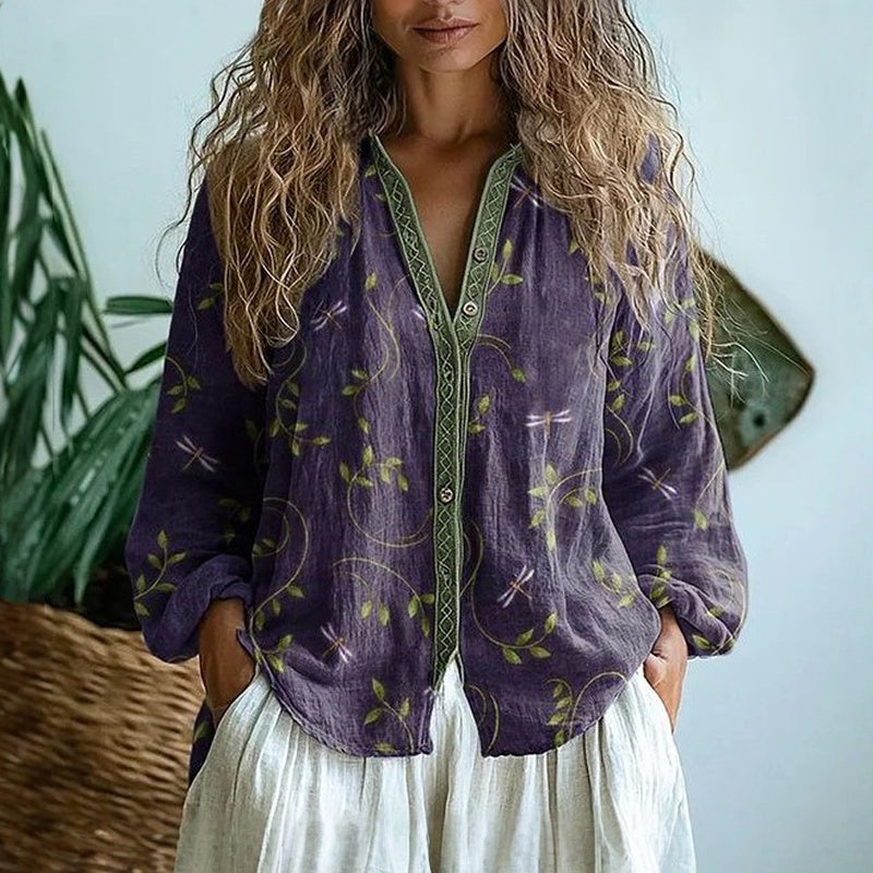 Brianna | Elegant Vintage Leaf Print Blouse
