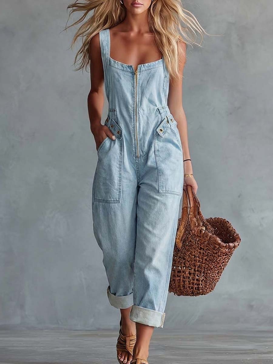 Casual Retro Square Neck Front Zipper Light Yellow Denim Jumpsuit