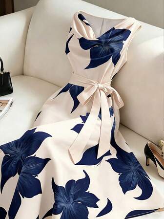 🌸 Women's Sleeveless Floral Print Dress – A-Line, Breathable & Figure-Flattering