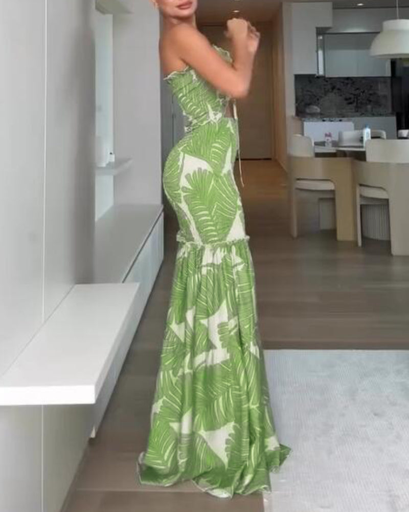 Tropical Print Halter Dress with Shirred Waist, Frill Trim & Ruffle Mermaid Hem