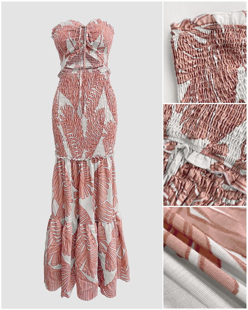 Tropical Print Halter Dress with Shirred Waist, Frill Trim & Ruffle Mermaid Hem