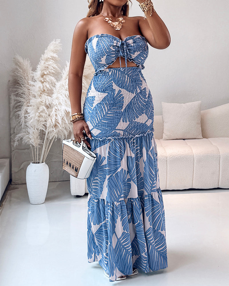 Tropical Print Halter Dress with Shirred Waist, Frill Trim & Ruffle Mermaid Hem