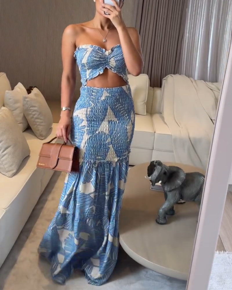 Tropical Print Halter Dress with Shirred Waist, Frill Trim & Ruffle Mermaid Hem