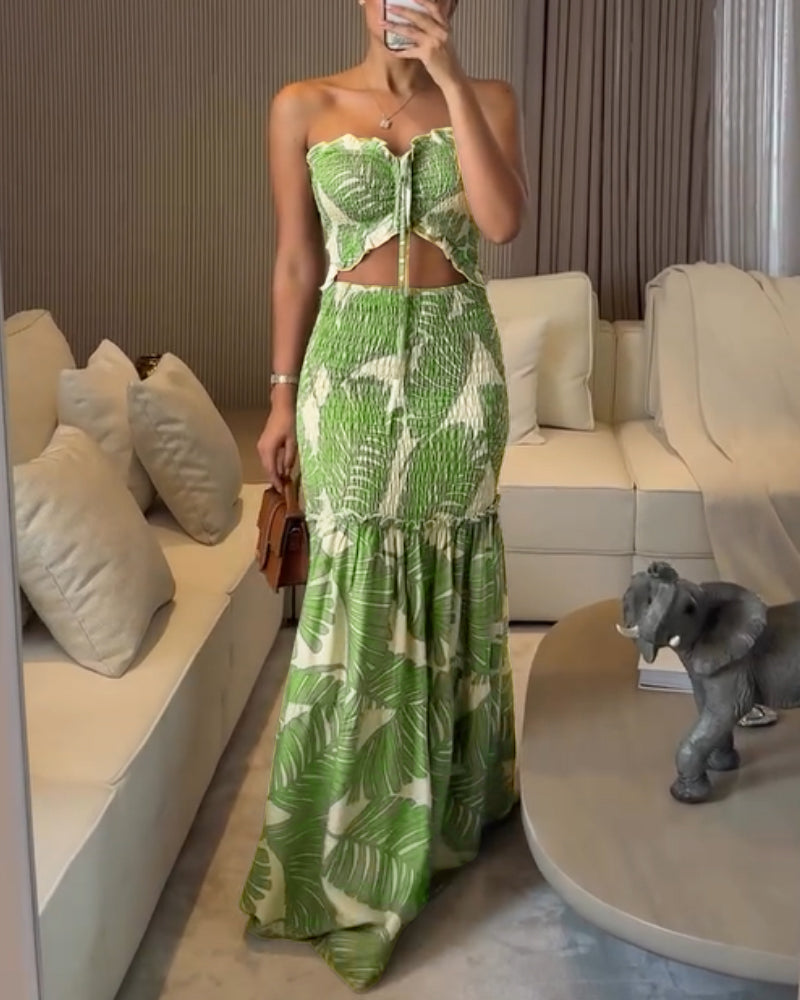 Tropical Print Halter Dress with Shirred Waist, Frill Trim & Ruffle Mermaid Hem