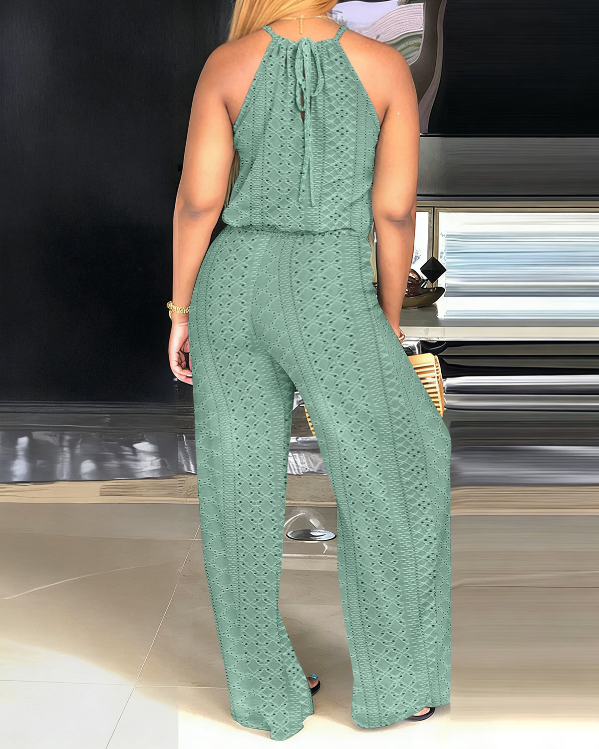 Jacquara Luxe – Halter Knit Jacquard Wide-Leg Jumpsuit