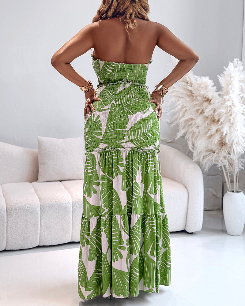 Tropical Print Halter Dress with Shirred Waist, Frill Trim & Ruffle Mermaid Hem