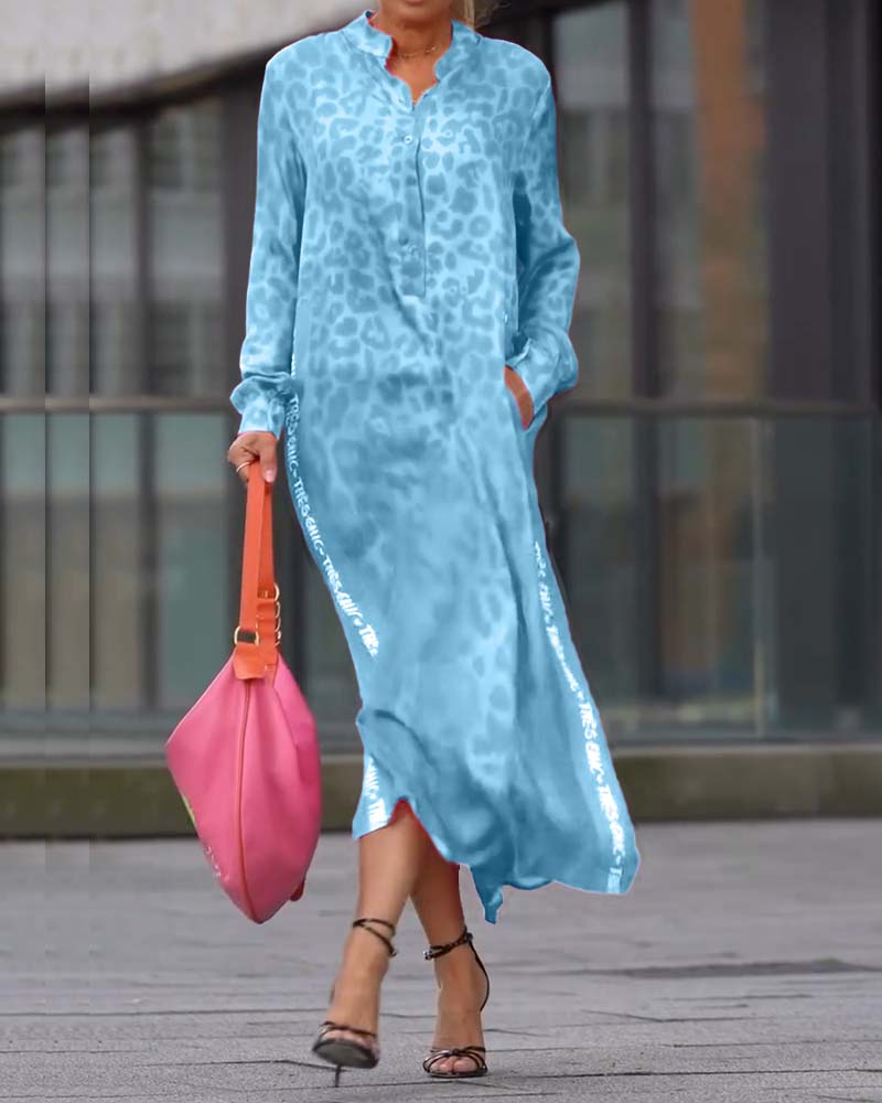WildMuse™ Leopard Split Long Sleeve Maxi Dress