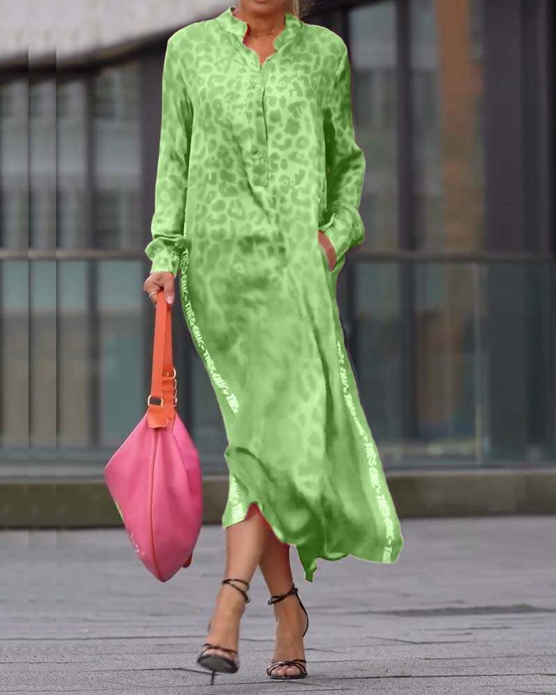 WildMuse™ Leopard Split Long Sleeve Maxi Dress