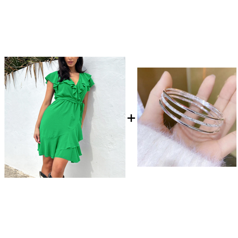 RaffinaLuce Elegant V-Neck Dress with Bow Waist & Ruffles