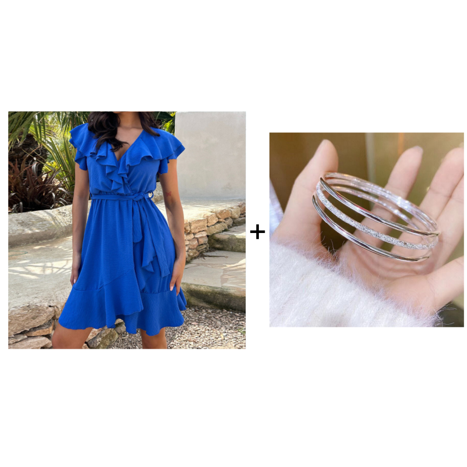 RaffinaLuce Elegant V-Neck Dress with Bow Waist & Ruffles
