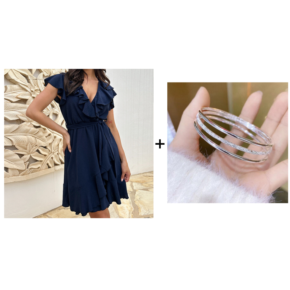 RaffinaLuce Elegant V-Neck Dress with Bow Waist & Ruffles