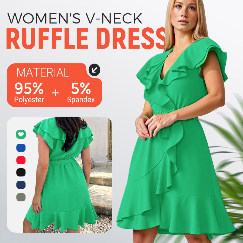 RaffinaLuce Elegant V-Neck Dress with Bow Waist & Ruffles