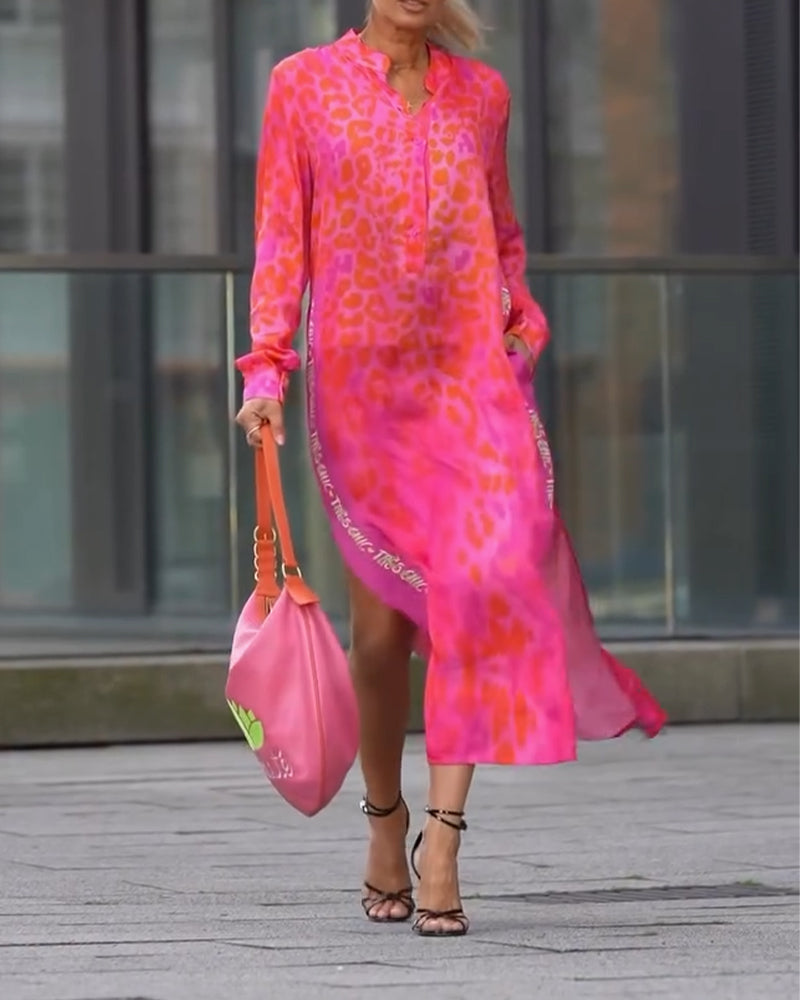 WildMuse™ Leopard Split Long Sleeve Maxi Dress