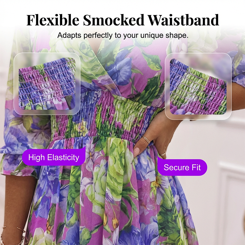 "Elegant Women's A-Line V-Neck Floral Ruffle Hem Dress" 💕🌿✨