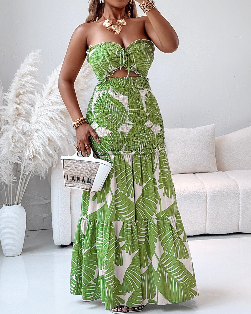 Tropical Print Halter Dress with Shirred Waist, Frill Trim & Ruffle Mermaid Hem