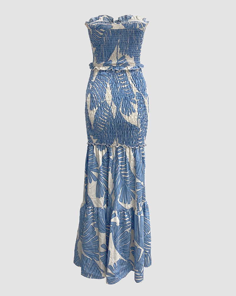 Tropical Print Halter Dress with Shirred Waist, Frill Trim & Ruffle Mermaid Hem