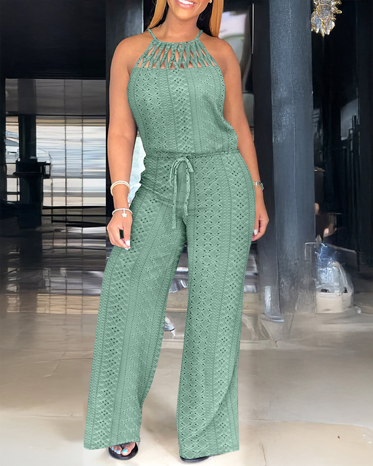 Jacquara Luxe – Halter Knit Jacquard Wide-Leg Jumpsuit