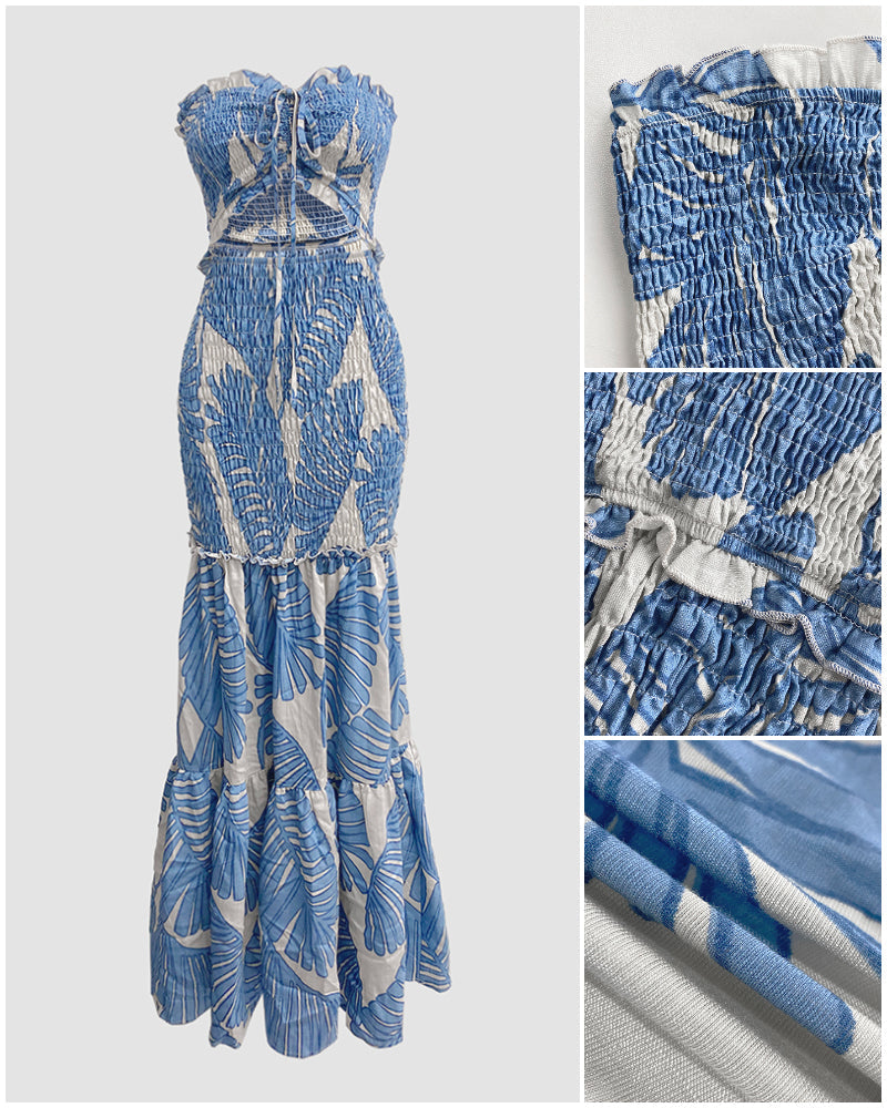 Tropical Print Halter Dress with Shirred Waist, Frill Trim & Ruffle Mermaid Hem