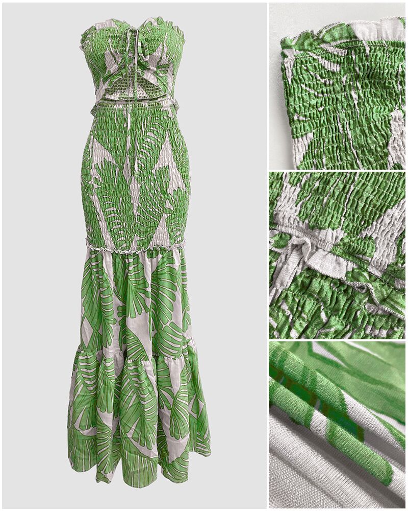 Tropical Print Halter Dress with Shirred Waist, Frill Trim & Ruffle Mermaid Hem