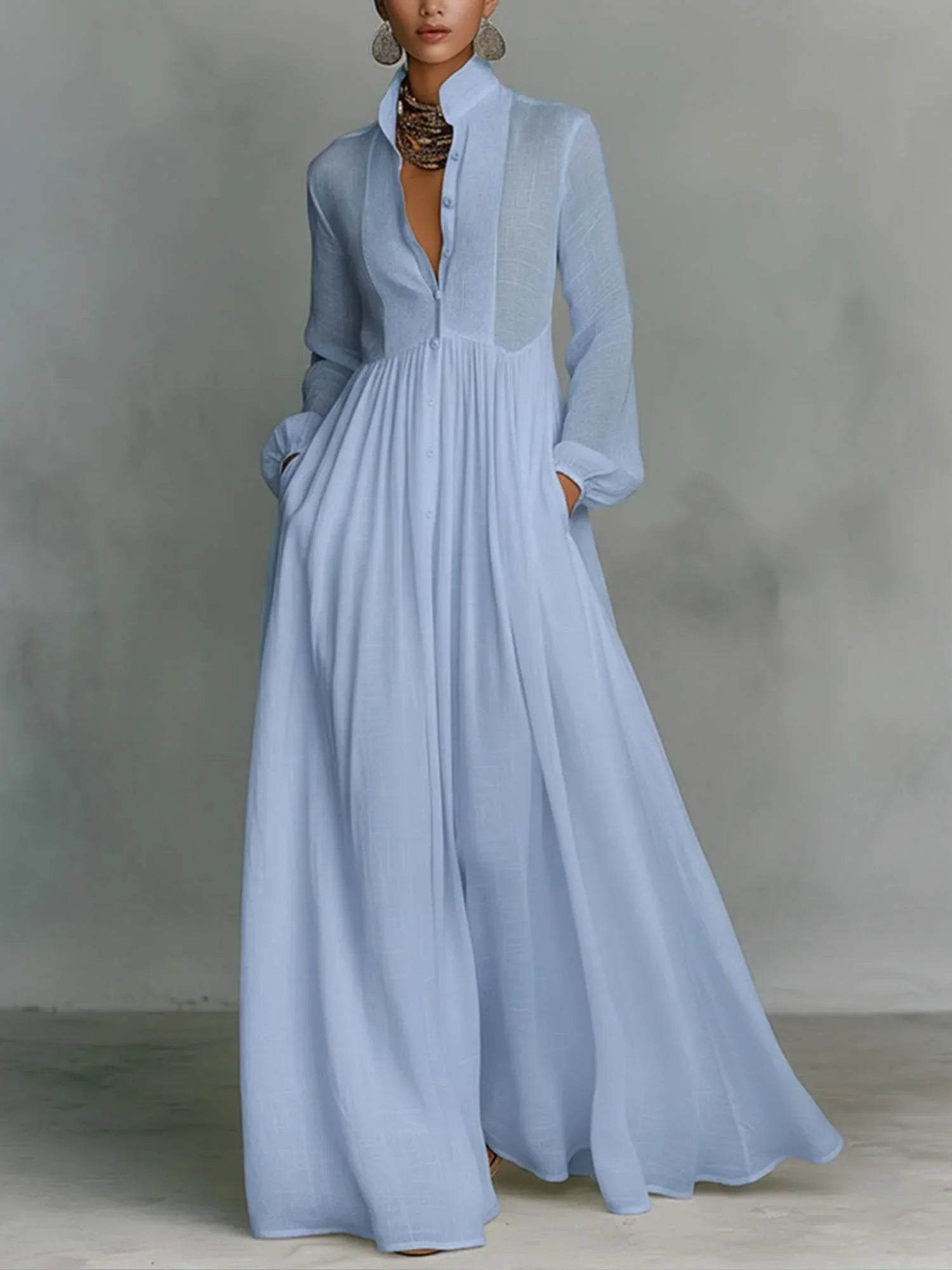 Serona™ Linen Stand-Collar Maxi Dress
