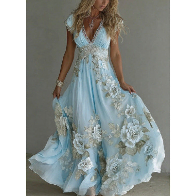 Elegant Women's Deep V-Neck Chiffon Dress with Embroidered Lace ✨👗