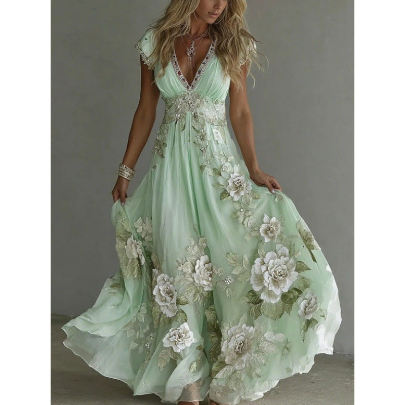 Elegant Women's Deep V-Neck Chiffon Dress with Embroidered Lace ✨👗
