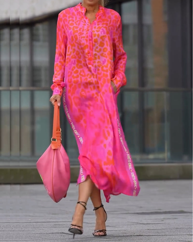 WildMuse™ Leopard Split Long Sleeve Maxi Dress