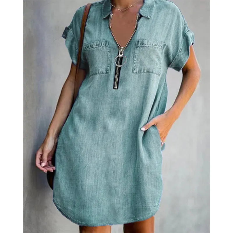 Loose denim shirt dress for women – a dress with a collar, front zipper and pockets