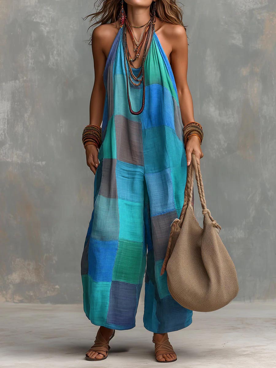 Women's Plaid V-Neck Loose Cotton Linen Wide-Leg Jumpsuit 👗✨
