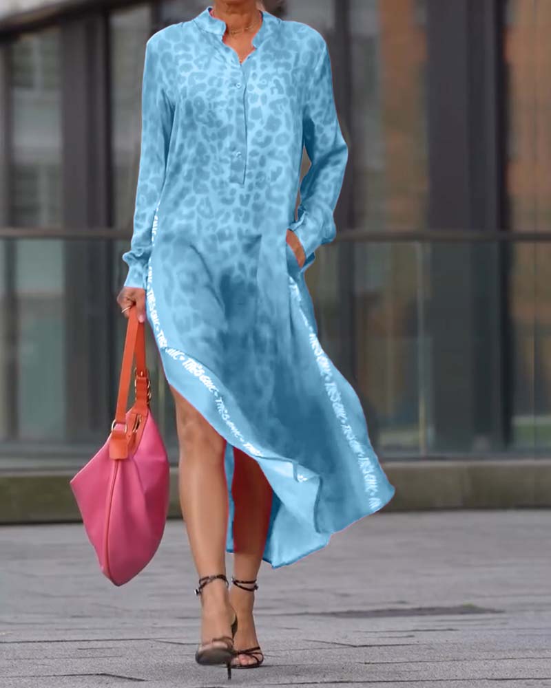 WildMuse™ Leopard Split Long Sleeve Maxi Dress