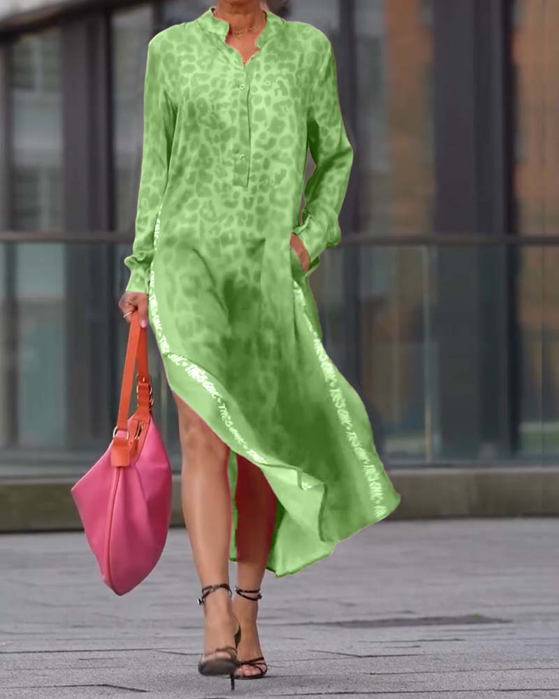 WildMuse™ Leopard Split Long Sleeve Maxi Dress
