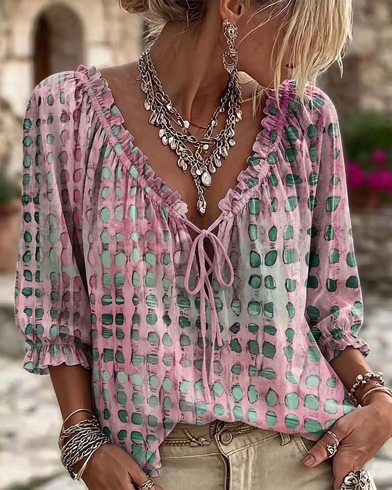 Polka Dot Lace-Up Blouse