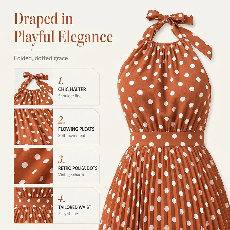 ✨ Polka Dot Halter Neck Dress – Flowy, Flattering & Chic Retro Style 🌼