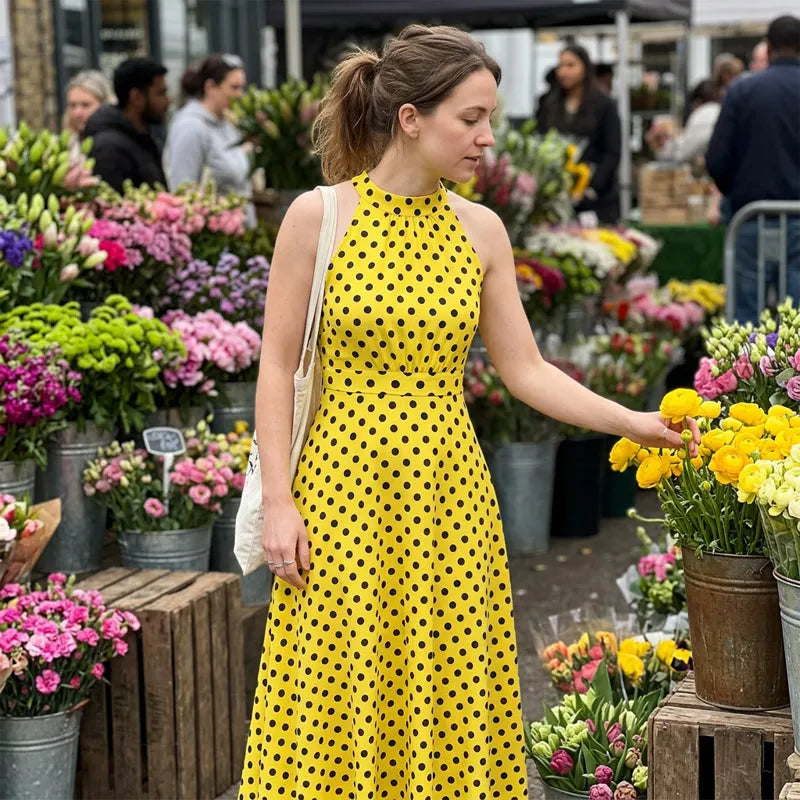 ✨ Polka Dot Halter Neck Dress – Flowy, Flattering & Chic Retro Style 🌼