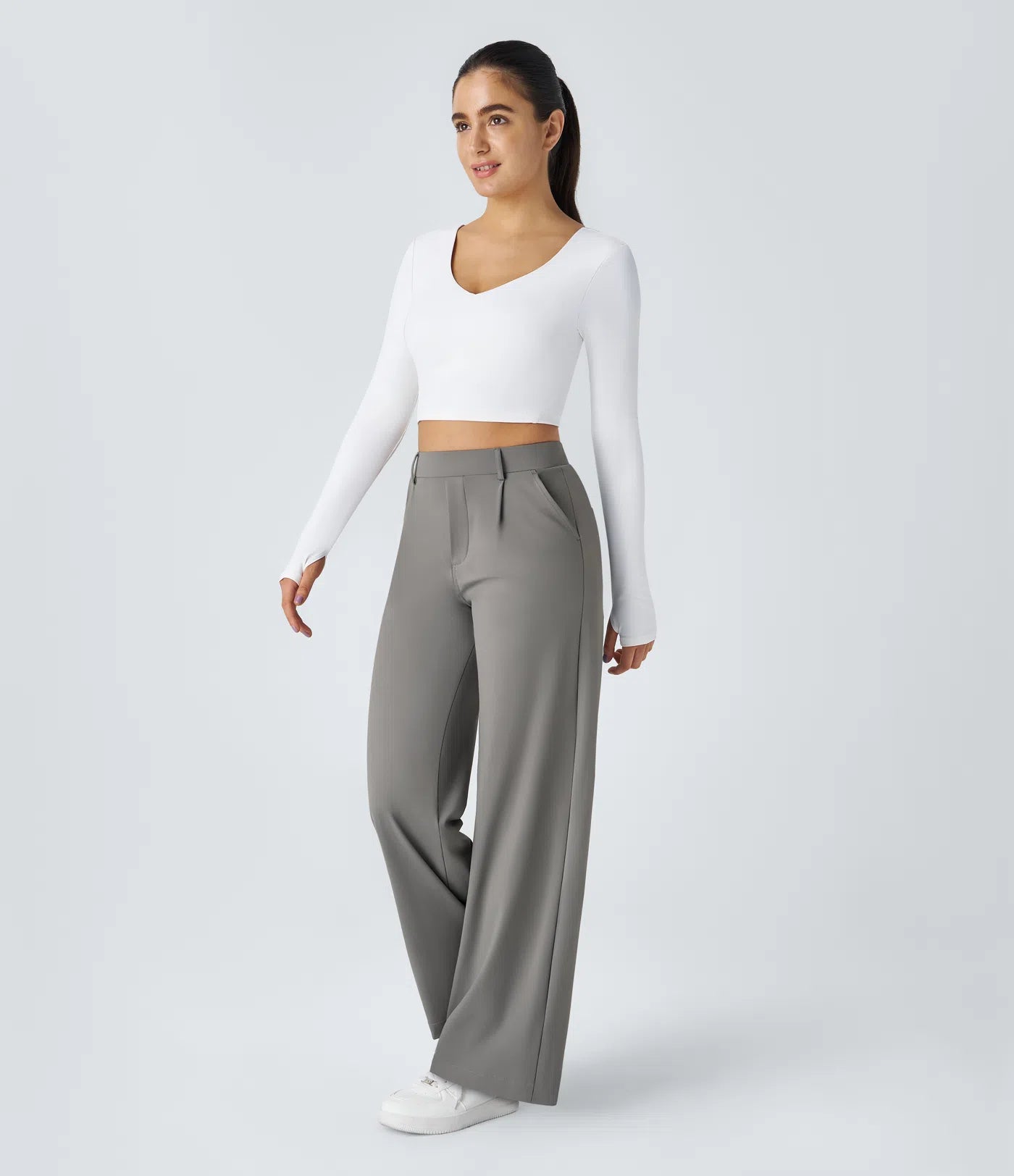 Halara Flex™ plissierte dehnbare Stoffhose mit hohem Bund, Seitentaschen und geradem Bein