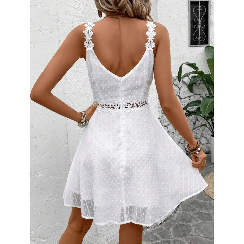 Women's Polka Dot Mini Dress with Lace Straps and Waist Cut-Out 👗✨