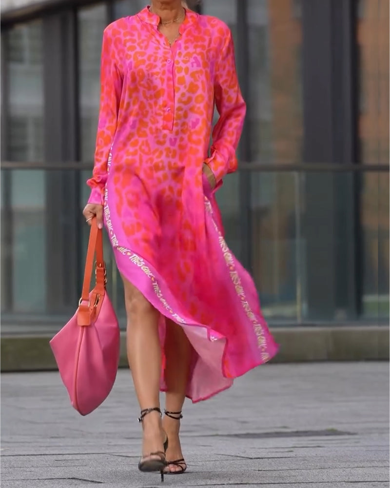 WildMuse™ Leopard Split Long Sleeve Maxi Dress