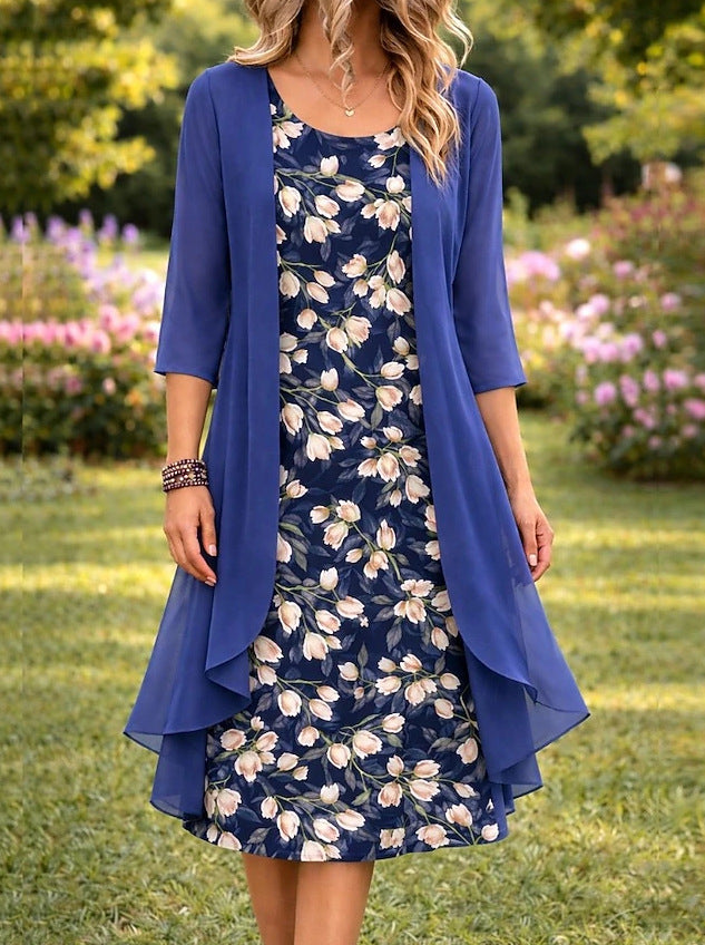 Elegant Women's 2-Piece Set – Chiffon Dress & Cardigan ✨👗🧥