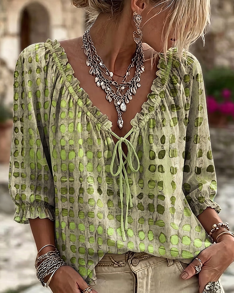 Polka Dot Lace-Up Blouse
