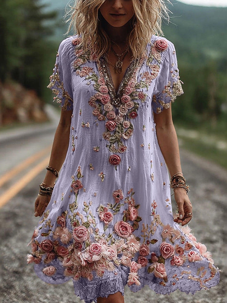 Vintage Floral Embroidered Short Sleeve Dress 🌸👗✨