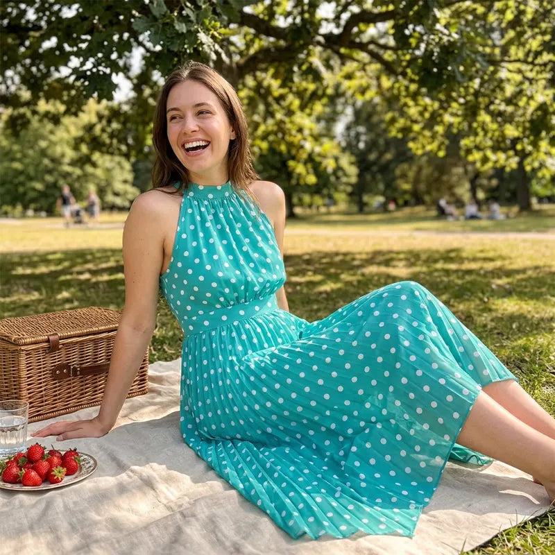 english  👗 LIMITED TIME 50% OFF! ✨ Polka Dot Halter Neck Dress – Flowy, Flattering & Chic with a Retro Touch 🌼