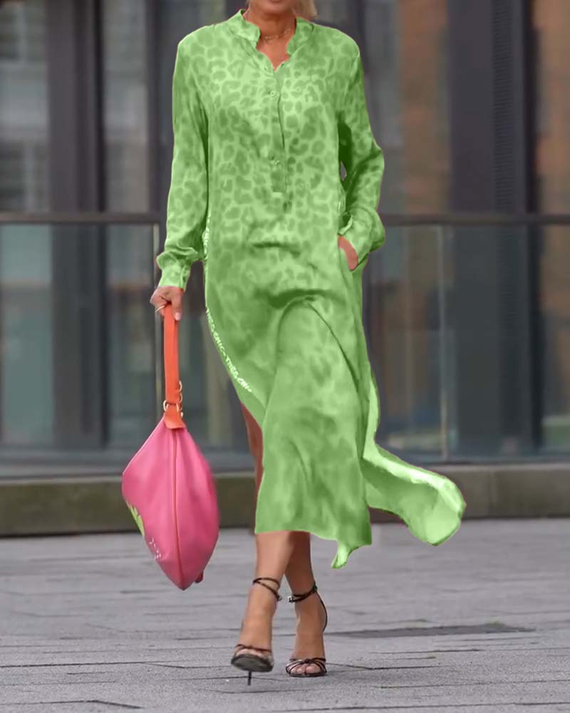WildMuse™ Leopard Split Long Sleeve Maxi Dress